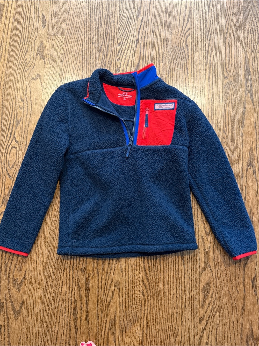 Vineyard Vines Kids Navy Fleece Pullover with Red Chest Pocket